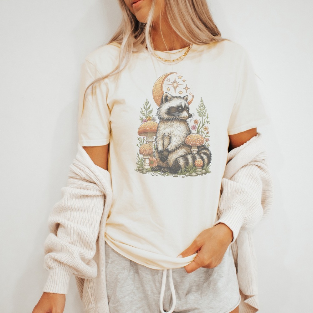 Raccoon Art Boho Tee Mystical Mushroom
